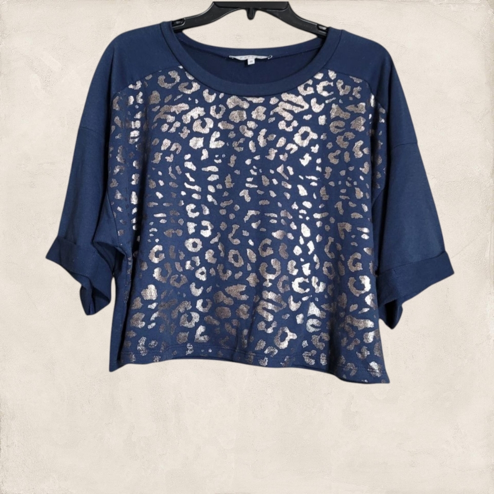 Percee Blue Cropped Gold Silver-Tone Metallic Animal Print Top Size Medium